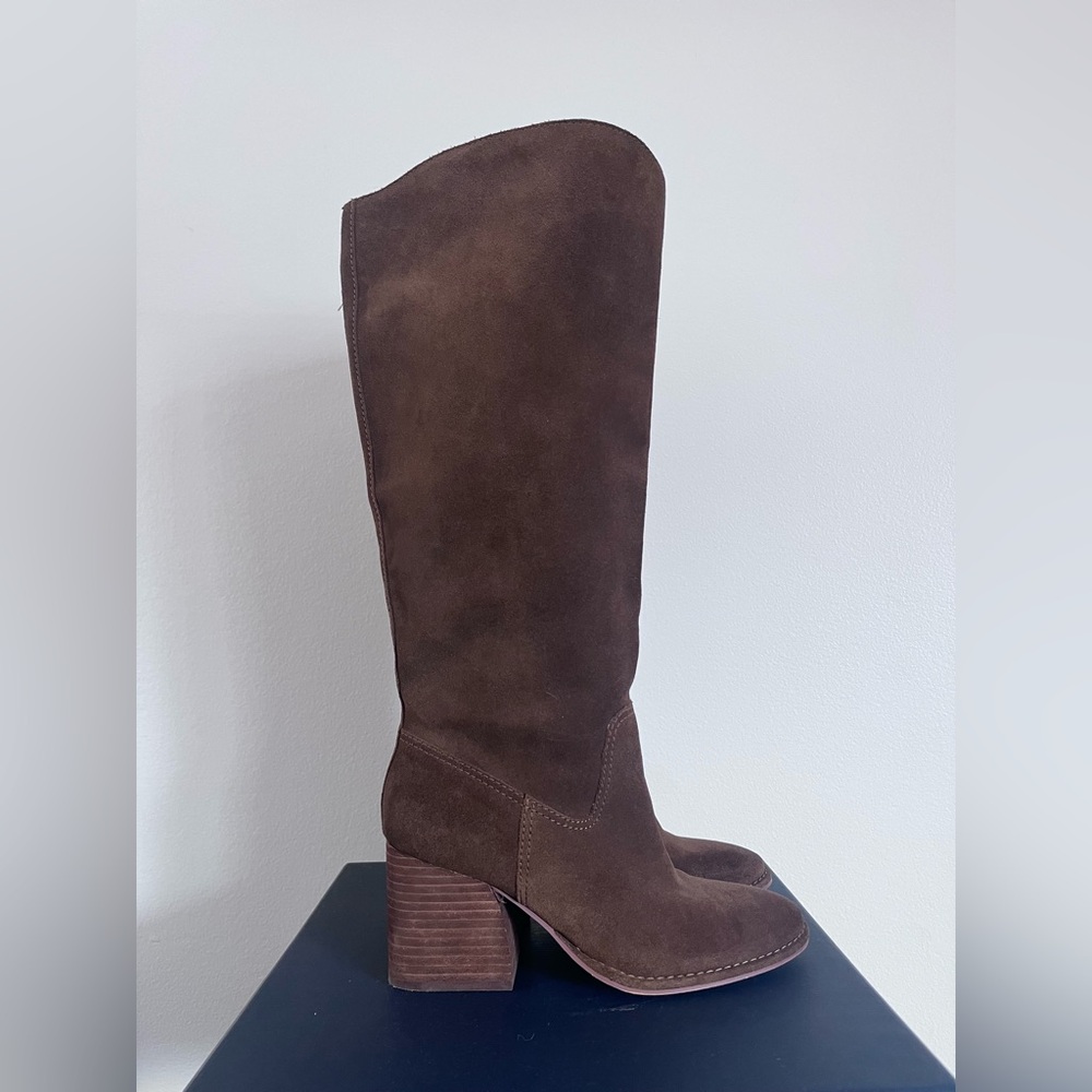 Vince Camuto Knee High Brown Suede Leather Block Heel Boots Wide Calf Size 9M